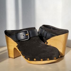Veronica Beard Dacey Black Suede Buckle Strap Stud Trim Clogs Size 7M